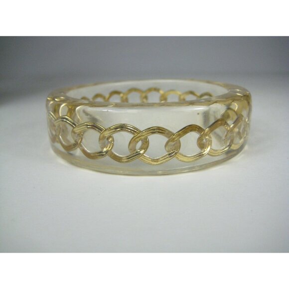 Vintage  Clear Lucite Bangle Bracelet Goldtone Curb Chain Inset Wide Statement - Picture 9 of 10
